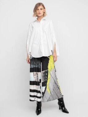 NWT Abstract Wide-Leg Maxi Pants in Black, White & Lime Green